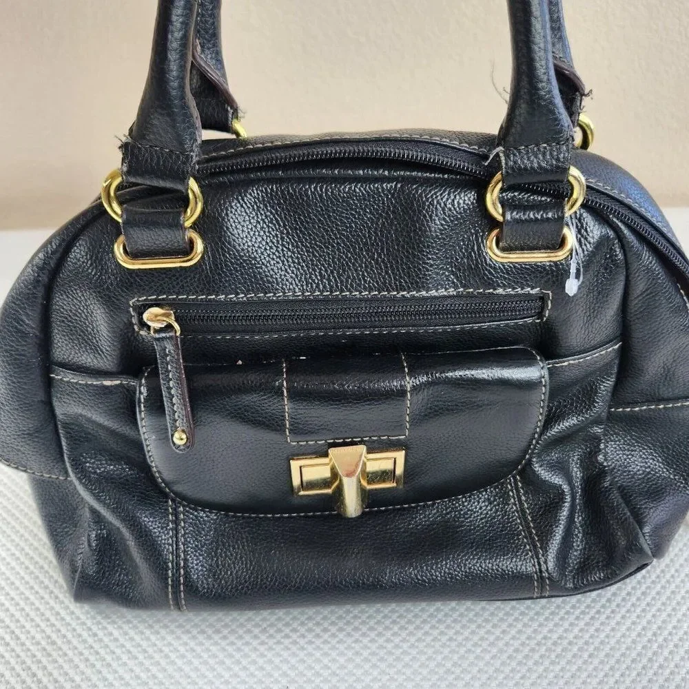 Tignanello Black Leather Striped Lining Satchel Tote Handbag Purse Top Handle